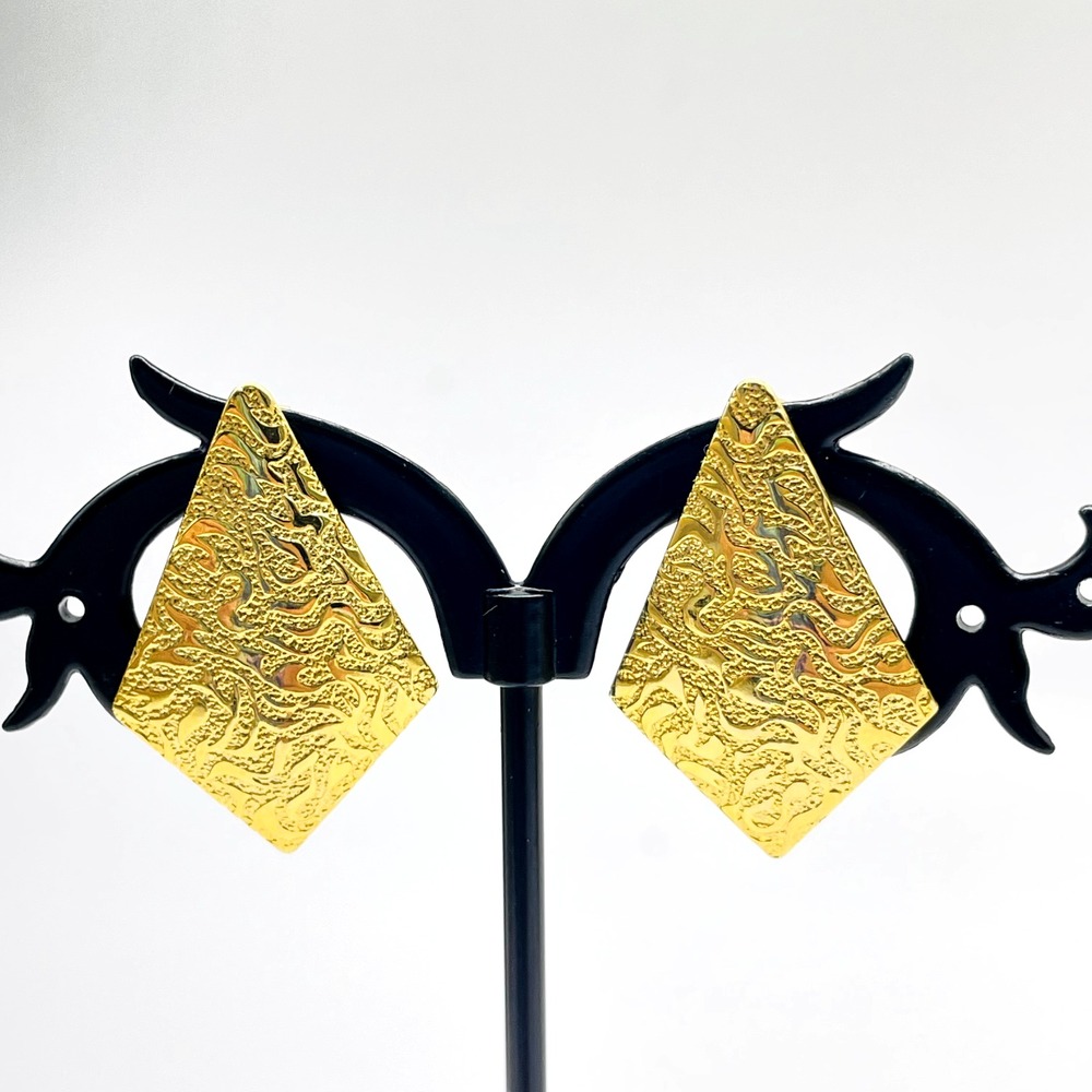 Vintage Gold Tone Pierced Earrings Textured Abstract Geometric Statement Retro